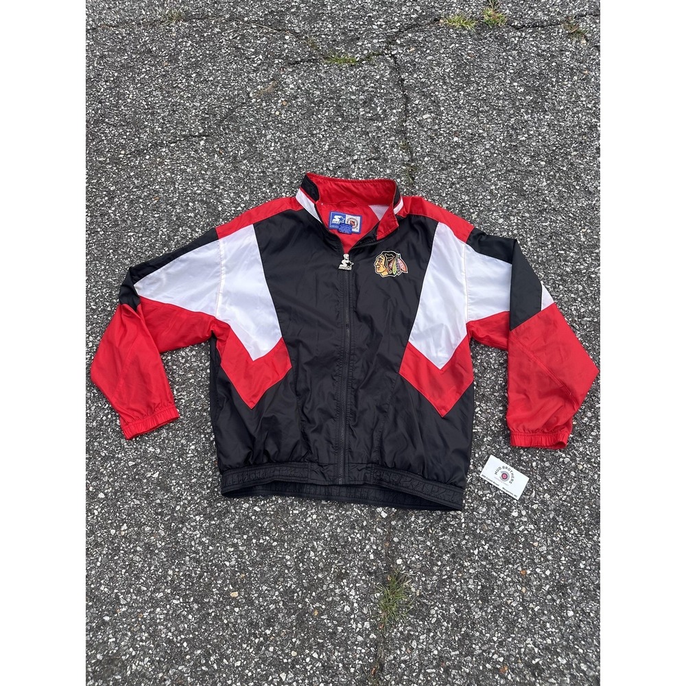 Vintage Chicago Blackhawks Jacket Mens Large Black Red NHL Hockey Starter 90s